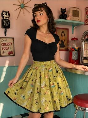 Beebop & Wally Cat Print Pleated Skirt XS Retro Kitsch Rockabilly Made USA